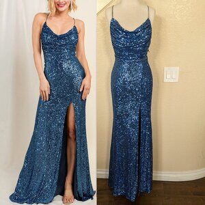 Denim Blue Sequin Cowl Rhinestone Formal Prom Evening Dress 6
